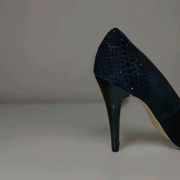 WHBM Black Sequined Stiletto Heels Pumps 4.5" Sz 6M Sexy Chic Peep-Toe Evening - Picture 9 of 13